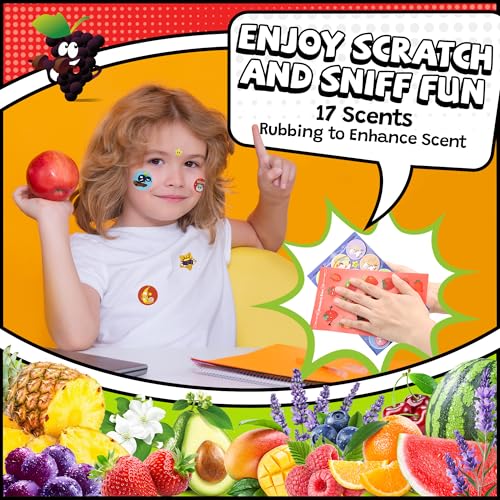 HORIECHALY Scratch and Sniff Stickers, Smelly Stickers for Kids 68 Sheets 17 Scents, 1000+ Cute Scented Pattern of Food Fruit Flower, Classroom Reward for Teachers, Holiday Gift for Little One.