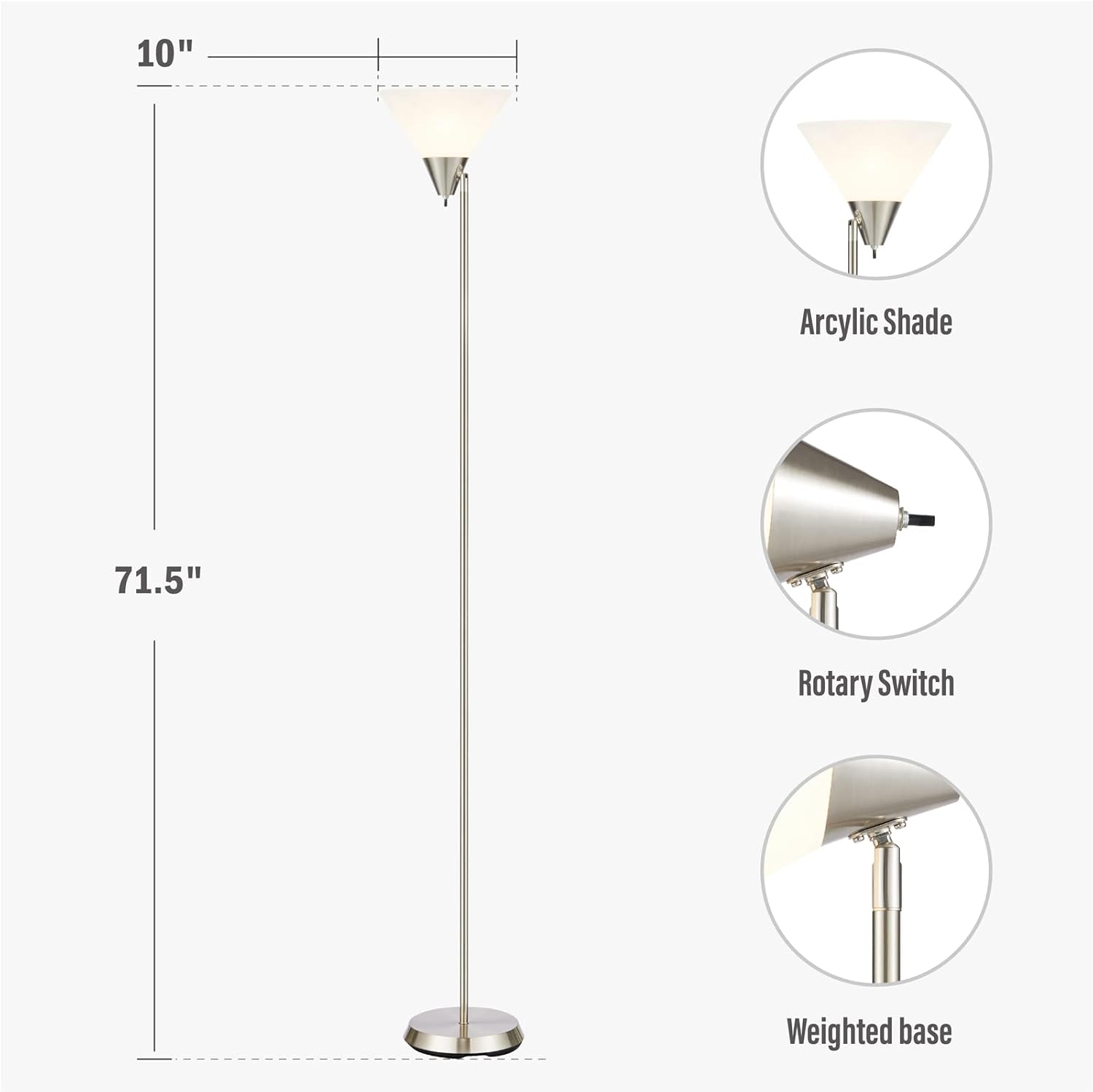 HonoDing Floor Lamp Standing Lamp Adjustable Head Arcylic Shade Floor Lamps for Living Room/Office/Bedroom (Satin Nickel)