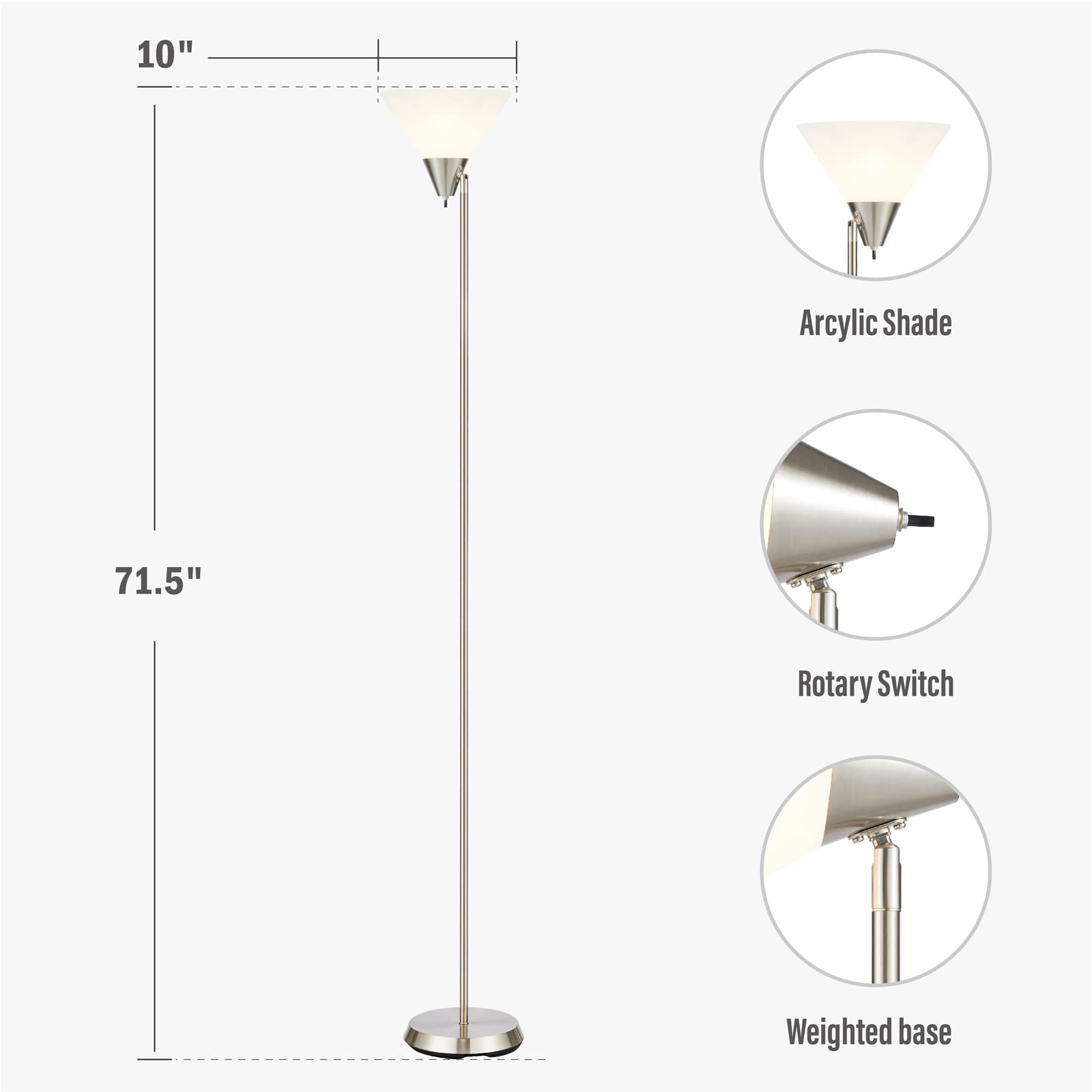 HonoDing Lampa podłogowa z glinianym kloszem i regulowaną głowicą do salonu/biura/sypialni (nikiel satynowany)