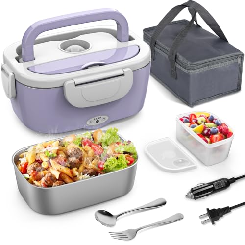 Vingud Electric Lunch Box, 3 in 1 Heated Lunch Box for Adults, Portable Heating Lunch Boxes for Car/Truck/Work/Home with 1.5L Removable Stainless Steel Container, 110V 24V 12V, Light Purple