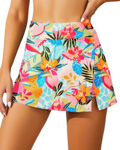 Image of Women Swim Skirt Tummy Control Swimsuit Skirt with Built-in Shorts High Waisted Split Swim Bottom (Available in Plus)