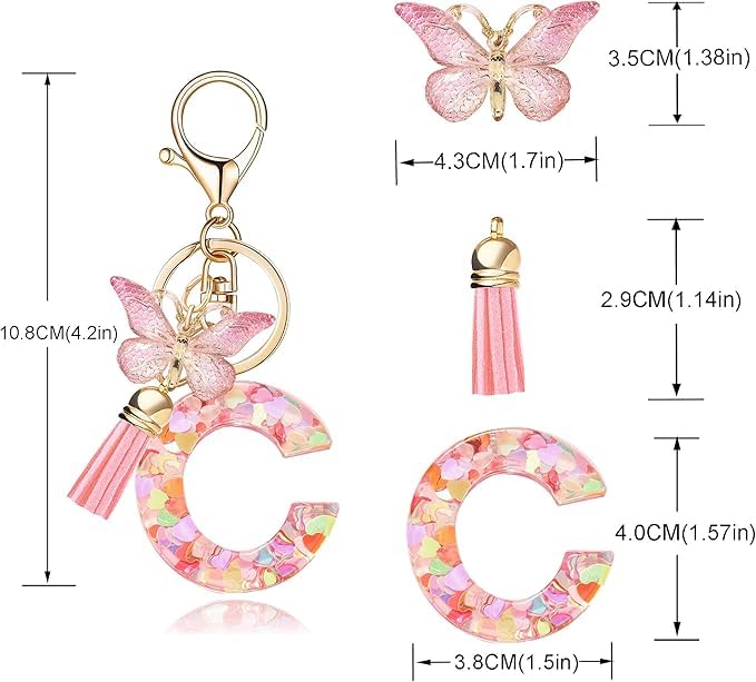 Image of GEOCARTER Lightweight Fashion Initial Letter Key Ring with Butterfly Pendant & Tassel, Stylish Purse Charm for Handbags, Car Keys, Gifts for Girls & Women
