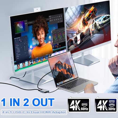 Image of USB C to Dual HDMI Adapter, 4K@60Hz USB C Hub Multiport Adapter with 100W PD, USB-A, Support C to 2 HD Splitter Extended Display for Type C Devices (MST is not Supported on MacOS)