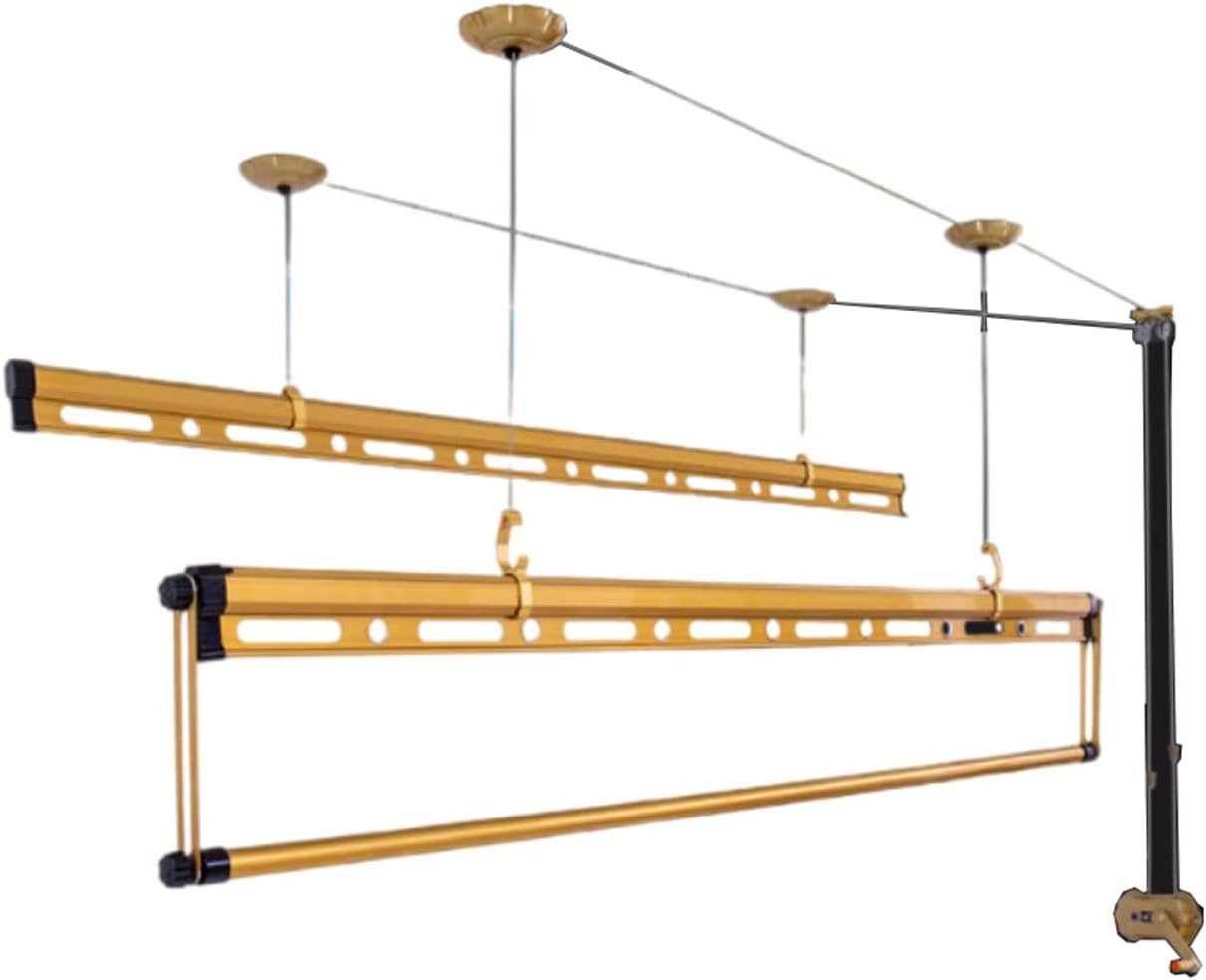 Overhead Clothes Drying RackLifting Drying Rack Ceiling Drying Rack Wall Mounted, Aluminum Alloy 3-Bar Clothes Hanger, Manual Adjustable,Gold