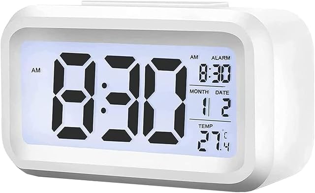 Digital Alarm Clock, Bedside LED Display with Temperature Snooze Smart Brightness Sensor, 12/24H Battery Clock with Date Calendar for Bedroom Home Office and Travel