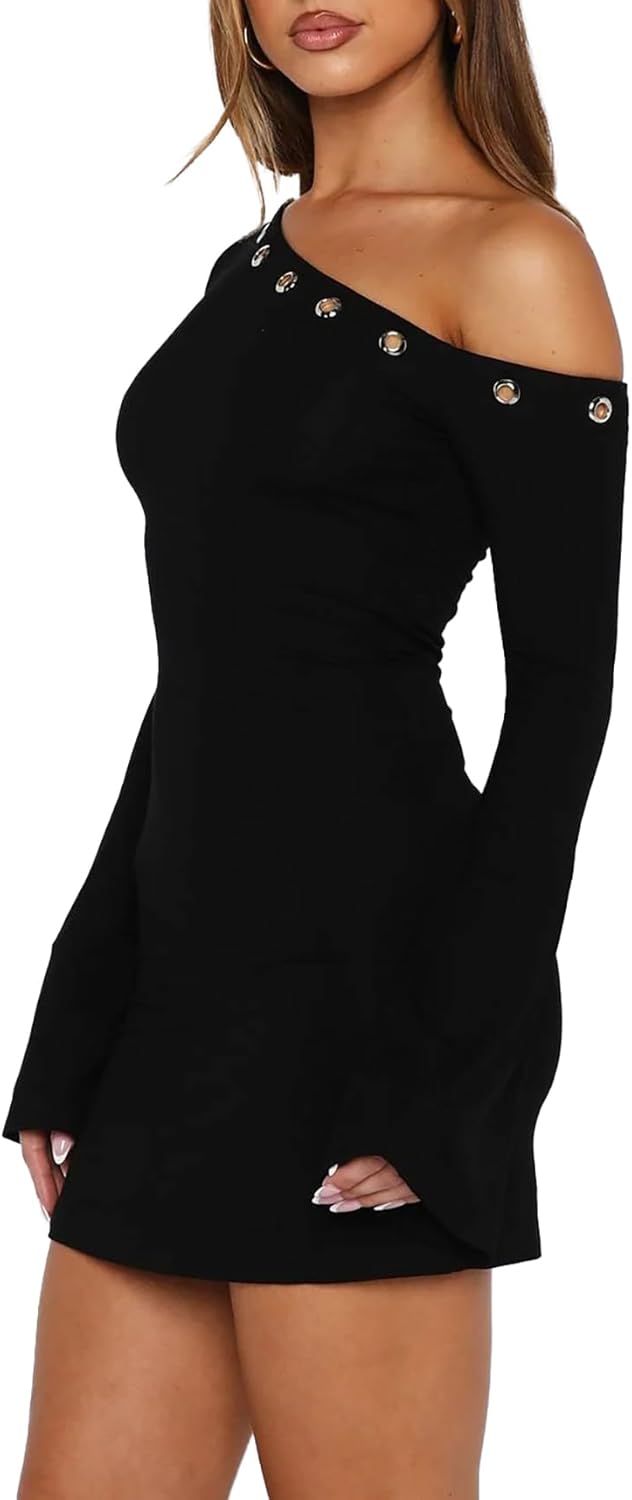 OOQONQ Women's Fall Off The Shoulder Long Flared Sleeve Mini Dress Neckline with Silver Eyelet Bodycon Party Club Dresses - Image 2