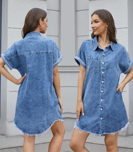 Denim Dress for Women Midi Jean Shirt Dresses Button Down Short Sleeve Summer Womens Jeans Babydoll Pockets4