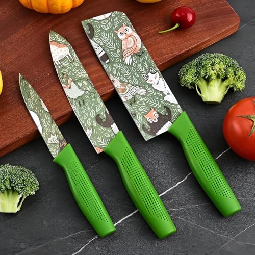Image of Stainless Steel Knife Set - 3-Piece Chef, Utility & Paring Blades with Anti-Slip Handles & Color Coating | Sharp Kitchen Knives for Slicing, Dicing, Chopping (Dark Green)