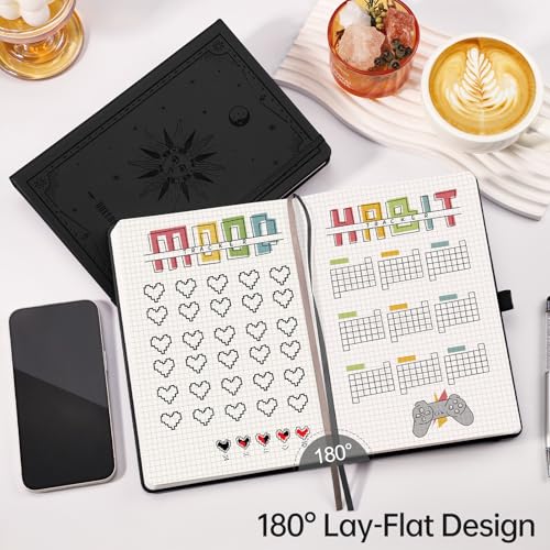 Image of EMSHOI Graph Grid Journal Notebook, 192 Pages, A5 Size (5.7'' x 8.3'') | Leather Hardcover, 100 GSM Thick Paper, for School, Note Taking, Math, Engineering, Sun Debossed (Black)