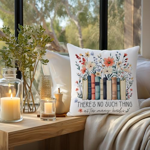 Image of Floral Book Pillow Covers 18x18, Reading Corner Nook Room Decor, Book Lover Gifts, There's No Such Thing As Too Many Books Decorative Throw Pillow Covers for Bedroom Home Library