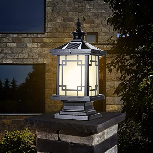 PTOUG LED Solar Post Light Outdoor, Aluminum Fence Post Cap Lamp Remote Control Dimmable Pillar Lights Solar IP65 Waterproof Column Light, 15.7