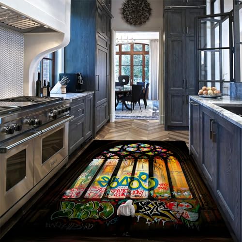 Tapis de salon style Banksy noir et coloré pour grand espace intérieur - 4