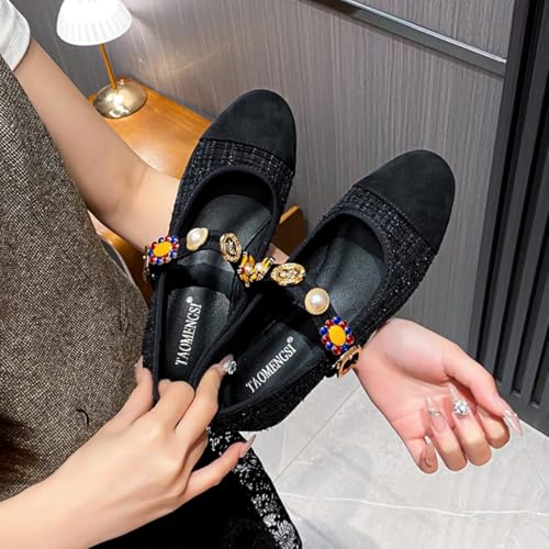 SWDZM Rhinestone Buckle Strap Low Heel Dress Shoes for Women Comfortable Cute Round Toe Mary Jane Shoes Flats2