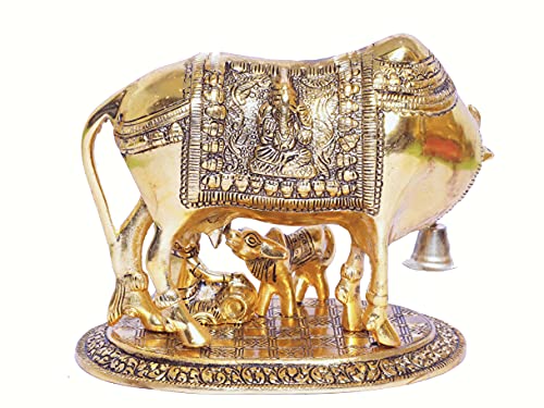 Image of KridayKraft Kamdhenu Cow,Calf with Bal Gopal Krishna Metal Statue for Good Luck,Feng Shui As Table Top Figurine,Vastu,Religious Gau MATA Idol Home,Office&Table