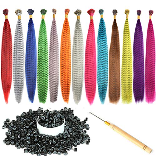 52 Strands 13 Colors 16'' Mixed Colors Colored Synthetic Feather Hair Extensions Kit (Not Real Feather) with 100 Pcs Silicon Micro Link Beads 1 Crochet Hook Tools Kit (16'', MIXED52)