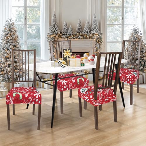 Image of SearchI Christmas Dining Chair Seat Covers Set of 4, Soft Stretch Xmas Seat Covers for Dining Chairs, Dining Room Seat Covers for Christmas Decoration(Rear-Covered, Snowman)