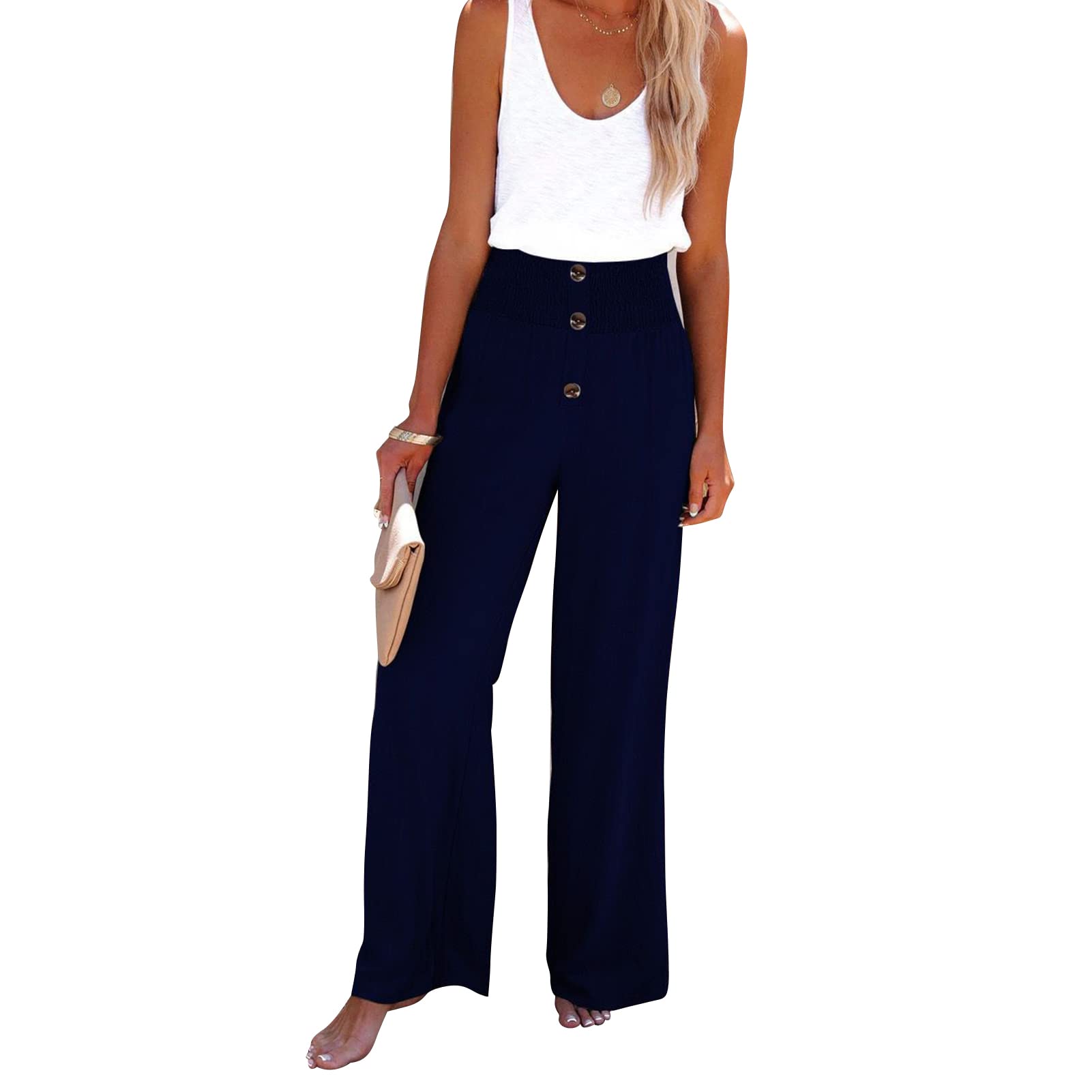 Womens Casual Loose Wide Leg Straight Leg Trousers Solid Color Elastic High Waist Lounge Button Trim Flowy Pant