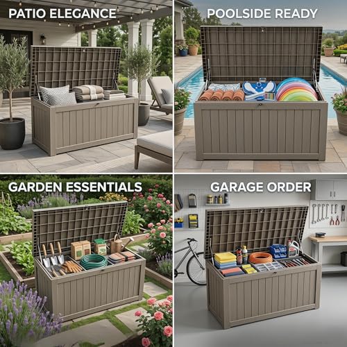 Image of Large 258 Gallon Resin Deck Box, Heavy Duty Lockable Patio Storage Box Outdoor, Waterproof Tool Box for Garden Furniture Cushions & Pool Supplies, Wood Grain Outdoor Storage Bench for Backyard