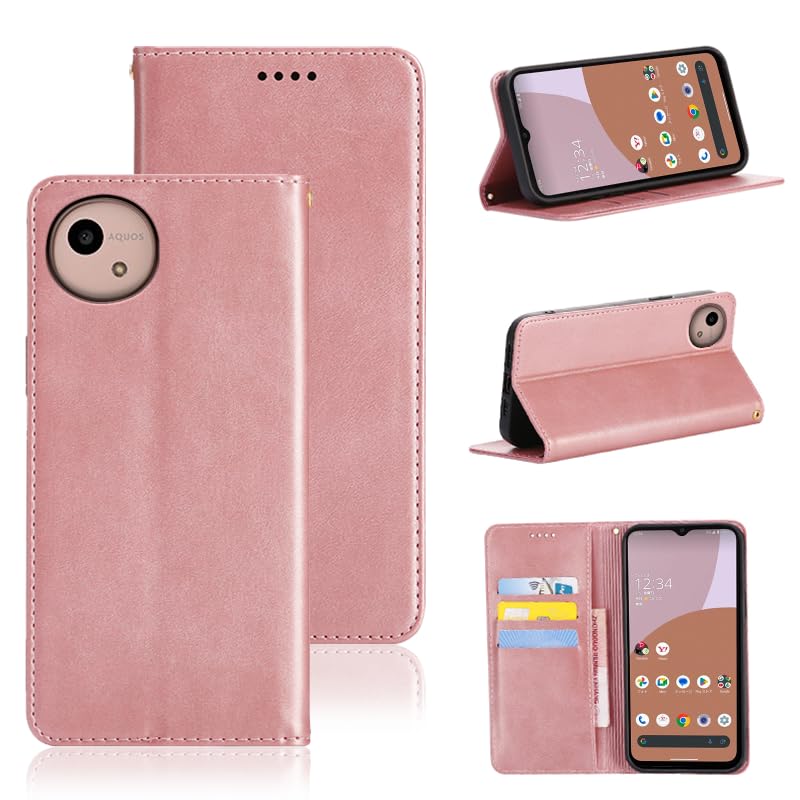 適用 AQUOS wish5 ケース 手帳型 wish5 手帳型ケース スマホケース カバー 手帳型 PUレザー カード収納 財布型 耐衝撃 ケース マグネット スタンド機能付き 5色(AQUOS wish5 SH-52F 用 ケース 手帳型) (ライトローズゴールド)