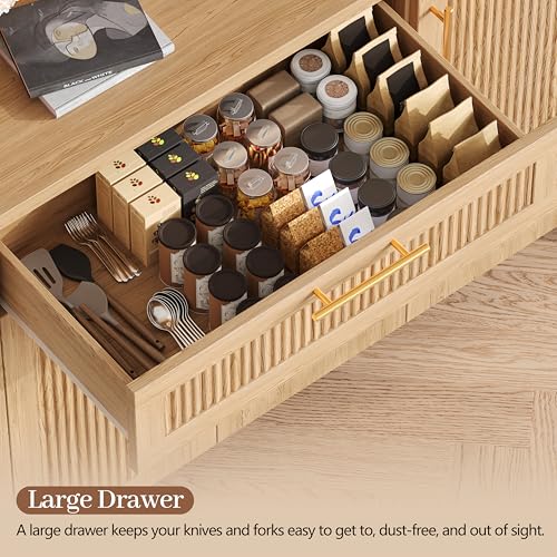 Image of Fluted Kitchen Pantry Storage Cabinet with Charging Station, Coffee Bar Cabinet with Drawer & Adjustble Shelves, Tall Kitchen Hutch Cabinet with Microwave Stand, for Dining Room, Natural Oak