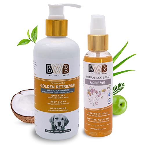 Image of BWB Natural Dog Shampoo for Golden Retriever .PARABEN Free+Alcohol Free+pH Balance with Conditioner & Moisturiser and Added Alovera,NEEM,Coconut & Amla extracts (300 ML + DEOSPRAY)