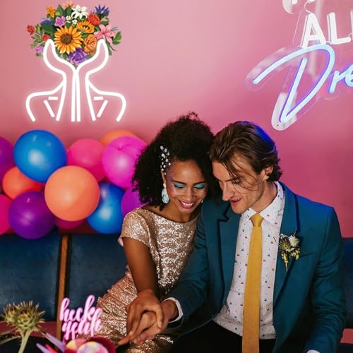 Image of Hand Bouquet Neon Lights,LED Hand Bouquet Neon Signs for Wall Decor, Neon Light Sign Neon Room Decor,USB Night Lights for Bedrooms,Shops,Florists,Bars,Parties,Wedding,Holiday Gifts(white /12.6*14.6in)