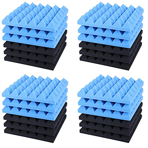 24 Pack Sound Proof Foam Panels, 2 Inches Thick Blue Acoustic Panels, Music Studio Soundproof Foam Panels for Wall, Sound Absorbing Foam Panels, Pyramid DIY Shape Soundproof Wall Panels Blue and Black