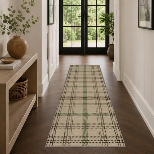 JTJ 2x6 Washable Hallway Runner Rug, Non Slip Faux Jute Plaid Rug for Kitchen, Laundry Room & Entryway, Indoor Outdoor Low Pile Farmhouse Runner Carpet