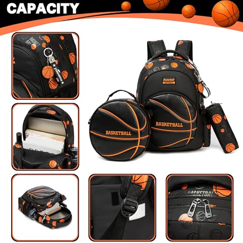 Image of Boys' School Backpack with Lunch Box and Pencil Case - Ideal for Teens and Middle School Students, Black Basketball