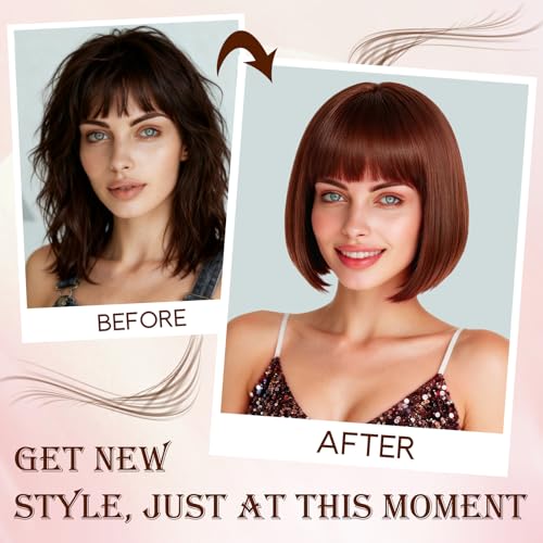 Image of PLULON Brown Short Bob Wig with Bangs for Women, Colorful Neon Short Bob Synthetic Hair Wigs with Hair Cap Heart Sunglasses for Adults Men Daily Bachelorette Halloween Costume Party Supplies