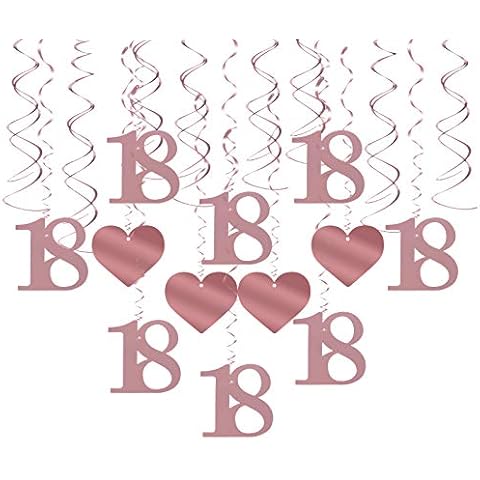 CHALA 24pcs Rose Gold 18th Hanging Swirls,Spiral Streamers Hang Decoration with Love Heart for Celebration Girl and Women Adult Birthday Party Decor Supplies Cover