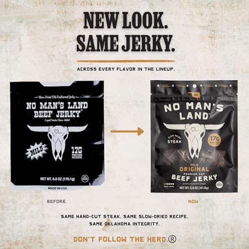 Image of No Mans Land Slow-Dried Beef Jerky | Smoked & Seasoned Jerky Strips | High Protein, Low Carb Beef Snack | Gluten Free - MILD (5oz)
