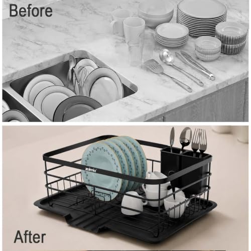 Image of ZOLMIX Dish Drying Rack, Dish Drainer Basket with Drainer Tray, Utensils Drying Rack Anti-Rust Detachable Cutlery Holder, Bartan Basket with Drain Tray, Kitchen Utensils Organizer, Black (42x32x13 cm)