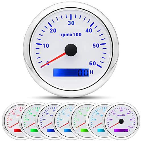 ARTILAURA Tachometer Boat Tacometro 85mm 3-3/8" 6000 RPM Gauge 7 Color Waterproof for Marine Car AUTO Truck 9-32V (White)
