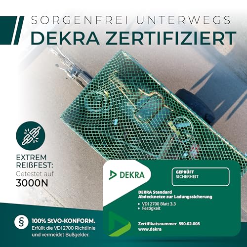 Anhängernetz 1,5x2,2M [DEKRA Geprüft] - Ladungssicherungsnetz mit Gummiseil & Eckenmarkierung - Abdecknetz für Anhänger, Reißfest