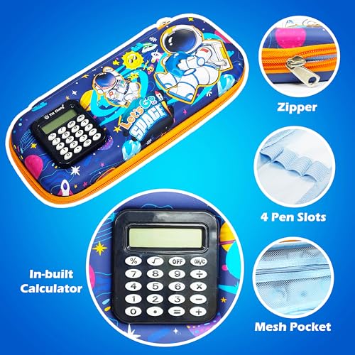 Image of VGRASSP Stationery Pencil Pouch for Kids with Mini Calculator - Space Theme Zipper Case with Multi Storage Compartments - School Supplies Organizer - Multicolor