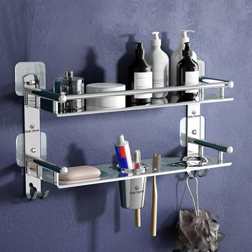 Image of Bathroom Organizer Without Drill - Corner, Shelves, Rack, Shelf, Storage, Wall, Racks and Adhesive, Mounted, self Holder, soap, Stand Bathroom Accessories (Double Layer(5 in 1))