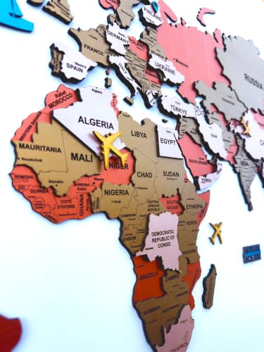 Image of ELK 3D Wooden World Map Wall Decor with Country Names , Capitals & States | Premium Multilayer Laser Cut Wall Art | Easy DIY Installation | Travel Theme Home Decor for Living Room, Office | Size : L (156x89 CM)