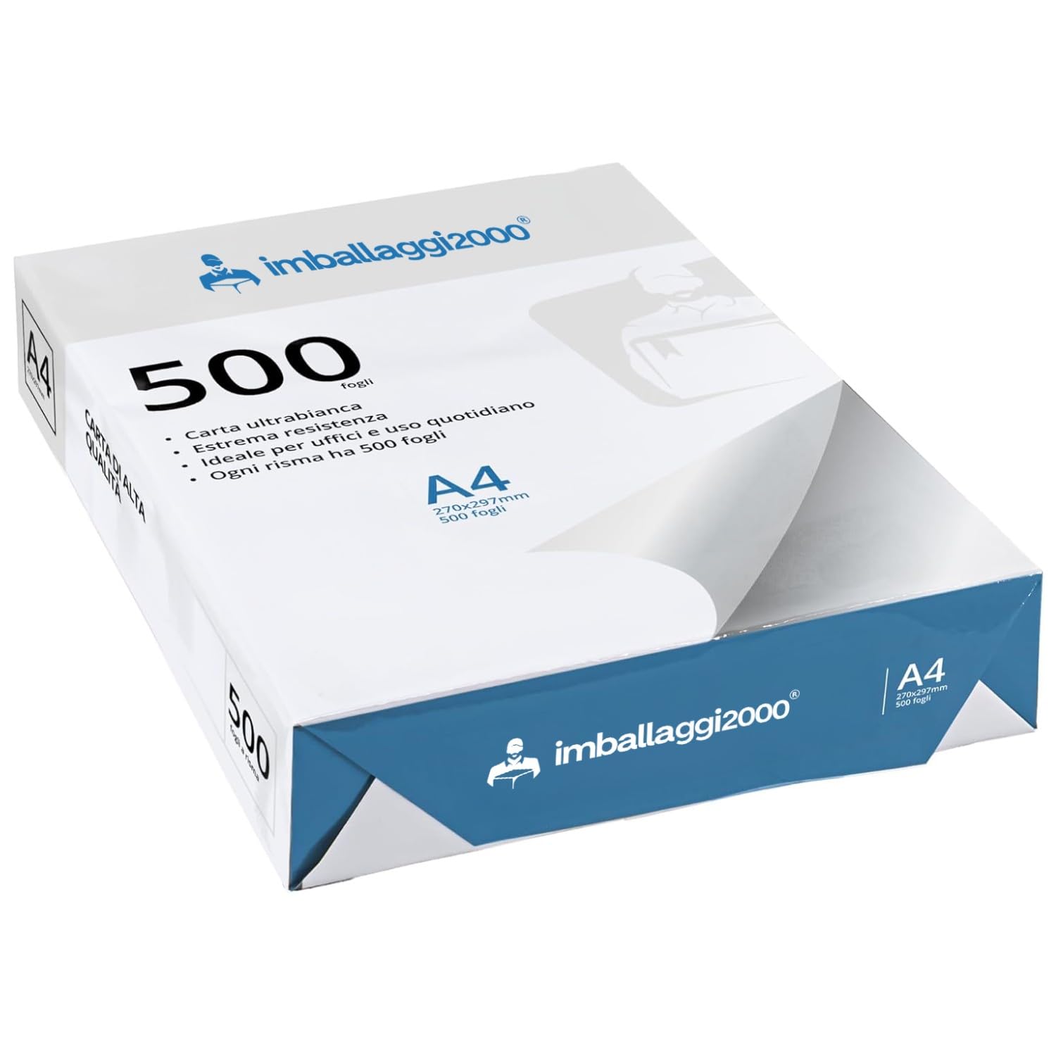 IMBALLAGGI 2000 - Risma Carta A4, Pack da 500 Fogli A4 per Stampante, Carta A4 Stampante, Ideale per Rifornimento Cancelleria Ufficio, Carta Stampante A4 Bianca Tutte le Stampanti