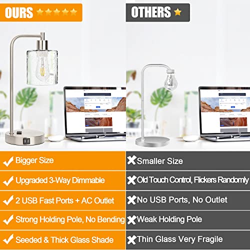 Industrial Touch Control Table Lamps Set Of 2 - Brushed Nickel Nightstand Bedside Lamps With 2 Usb Ports & Ac Outlet, 3-Way Dimmable Desk Lamp For Bedroom Living Room, Glass Shade & Led Bulbs Included #TOP1