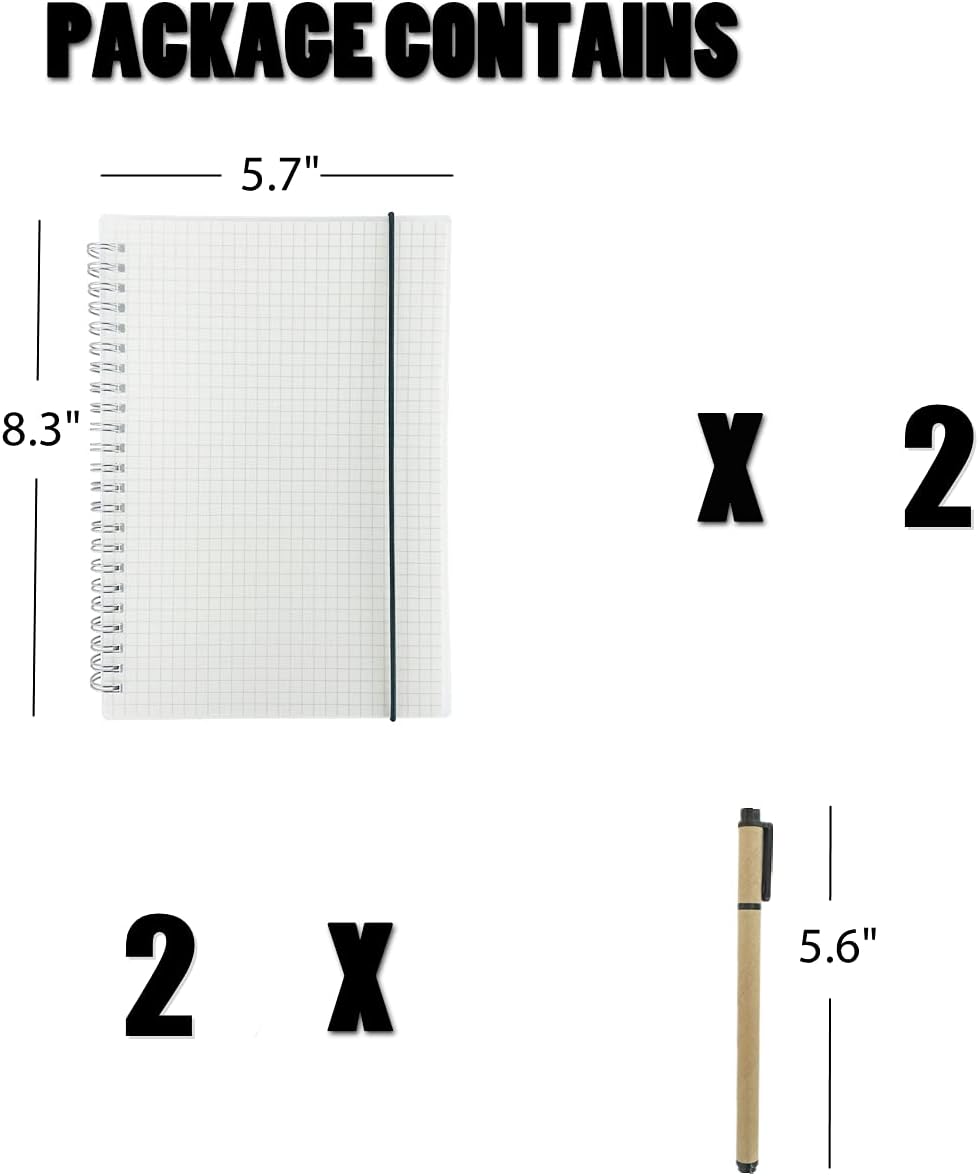AOU Graph Paper Notebook 2-Pack 8.3" x 5.7" Square Grid Spiral Journal 80 Sheets/160 Pages A5 Wirebound Transparent Hardcover With Elastic Closure Band, 2 Gift Pens Included