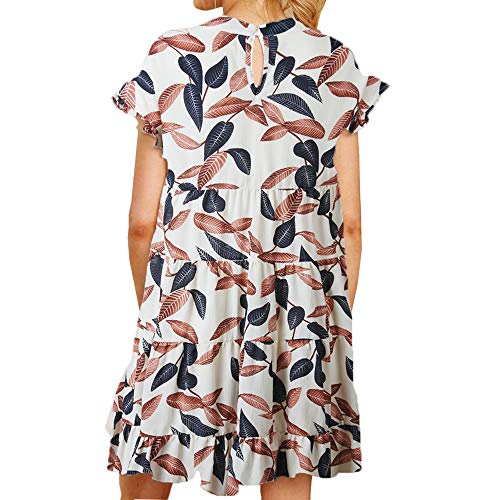 Joteisy Women’s O Neck Ruffle Short Sleeve Tiered Casual Mini Dress (XL, White Leaf)