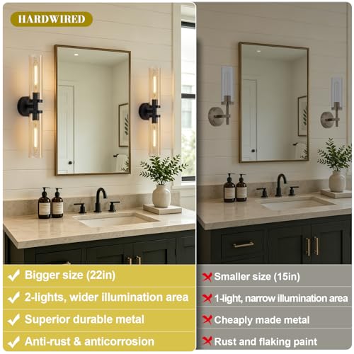 Image of Indoi Wall Sconces Set of Two, Hardwired Matte Black Bathroom Sconces Wall Lights with Amber Glass, Modern Sconces Wall Decor Set of 2 Vanity Light fixtures for Bathroom Mirror Bedroom