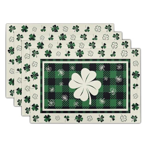 Giwawa Lucky Clover Placemats Set of 4 for Kitchen Dining, St Patricks Day Shamrocks Buffalo Plaids Washable Linen Place Table Mat 12x18 Inches for Tabletop Holiday Party Picnic Decor