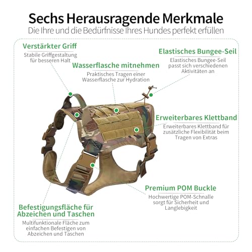 Roujune No-Pull Hundegeschirr, Einstellbar Sicherheitsgeschirr Ultra Atmungsaktiv für Große/Mittlere Hunde Brustgeschirr Hundeharness Hundeweste Tarnfarbe Größe L