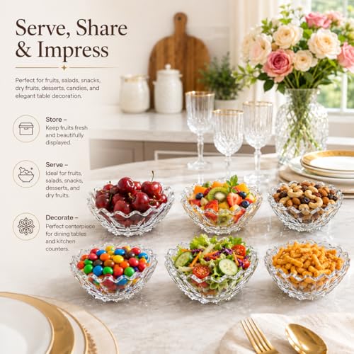 Image of WRINGO Glass Bowl for Kitchen Prep, Dessert, Dips, and Candy Dishes, Cake, Snack Bowl Set of 6 Or Nut Bowl, and Microwave Safe Clear Glass Bowls for Mixing, Storing Size 4.5 Inch