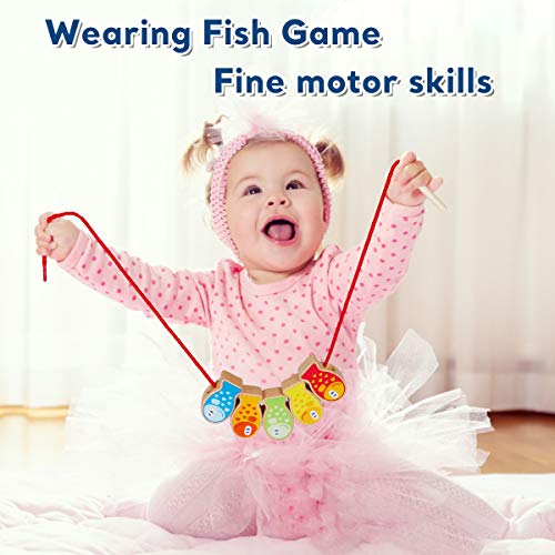 Aitey Fishing Game, 4 in 1 Wooden Magnetic Fishing Toys Montessori Sorting Stacking Fine Motor Skill Toys for Toddlers 2 3 4 Years Old Boys Girls