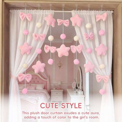 Image of HASTHIP 7Pcs DIY Pink Plush Hanging Garland Set with Suction Cups, Stringed Decorative Door Hanging Ornament, Soft Star Bow & Pom-Pom Decorative Garlands, Pastel Nursery Door Decor