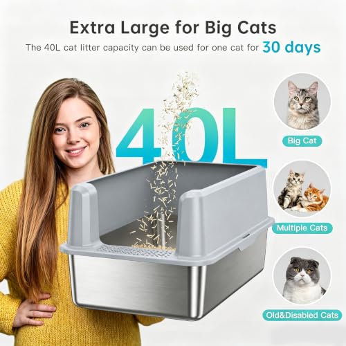 Image of WoofiGo Stainless Steel Cat Litter Box with Lid, XL Extra Large Metal Kitty Litter Box Enclosed for Big Cats, High Sided, Anti-Urine Leakage, Non-Stick Bottom, Include Litter Mat & Metal Scoop (Gray)