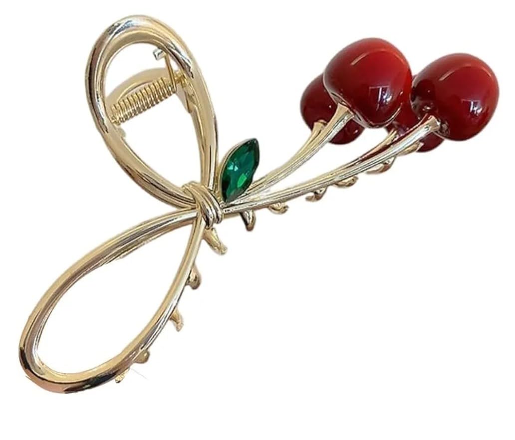 Vintage Cherry Hair Claw Clip, Gold-Tone Metal with Red Cherries and Green Crystal Leaf Design, Anti Tarnish Metal Hair Clutcher, Trendy Clutcher, Gifts for Women and Girls-image-24